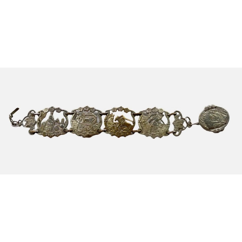 VINTAGE MADE IN SPAIN STORY BOOK BRACELET  1950 Don Quixote Silver Plated Brass